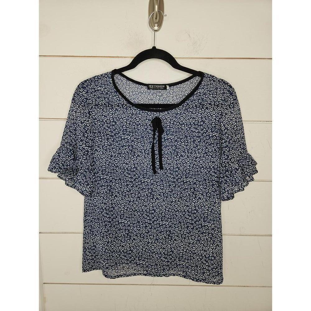 New Fashion Medium blue & white floral pull over sheer blouse
